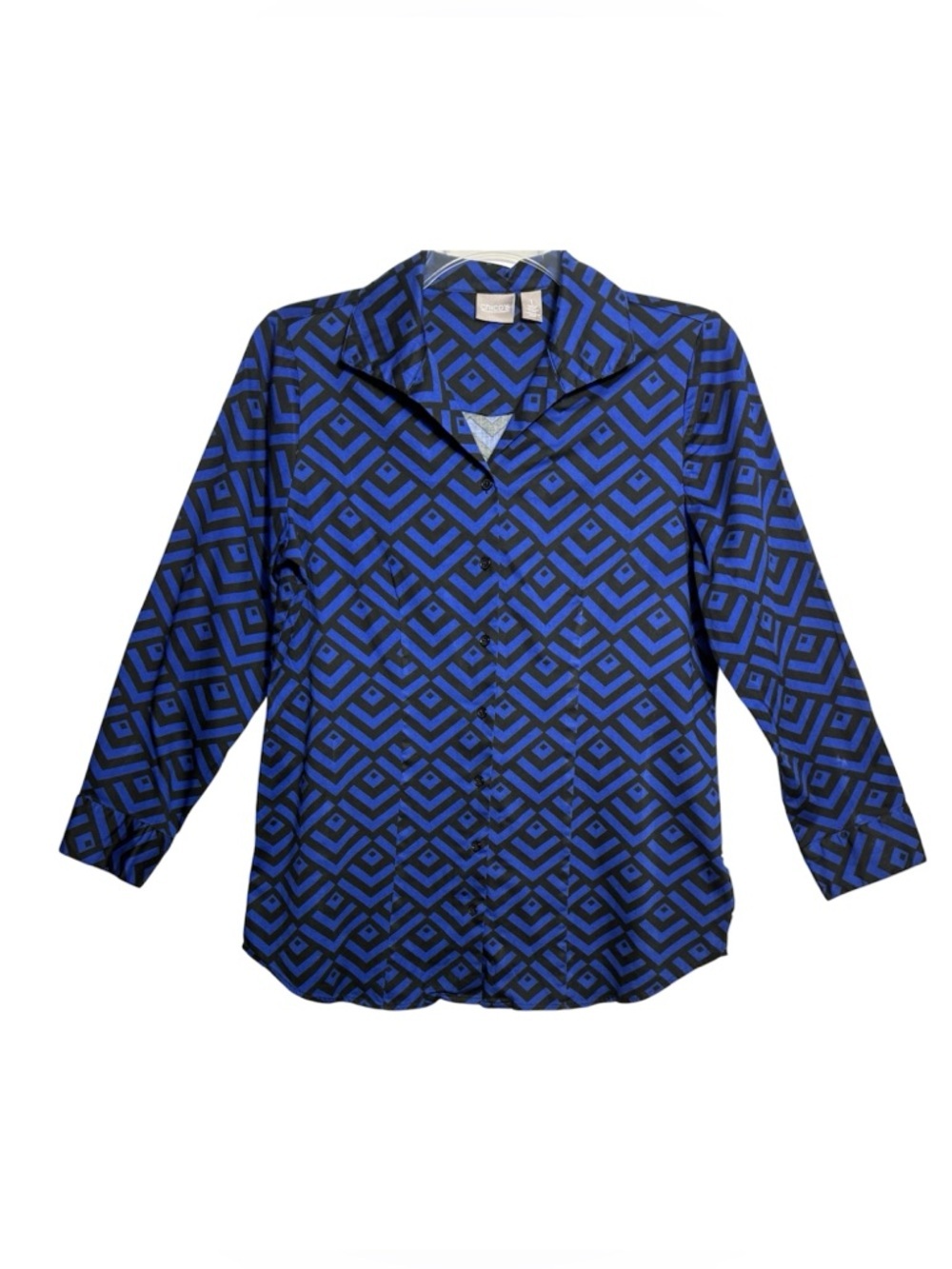 Chico’s Cobalt Blue Black Geometric Print Button Front Blouse Size 1 Medium US 8 - Picture 1 of 6